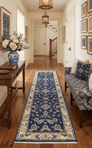 Blue and Beige Traditional Hand-Knotted Wool Area Rug - 2.6x8