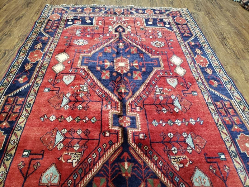 Antique Persian Zanjan Nahavand Heriz Rug, Red & Blue, Hand-Knotted, 5' x 9' 7"