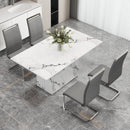 A simple dining table. A dining table with a white marble pattern. 4 PU synthetic leather high backrest cushioned side chairs with C-shaped silver metal legs. DT-SQ-16090-wh