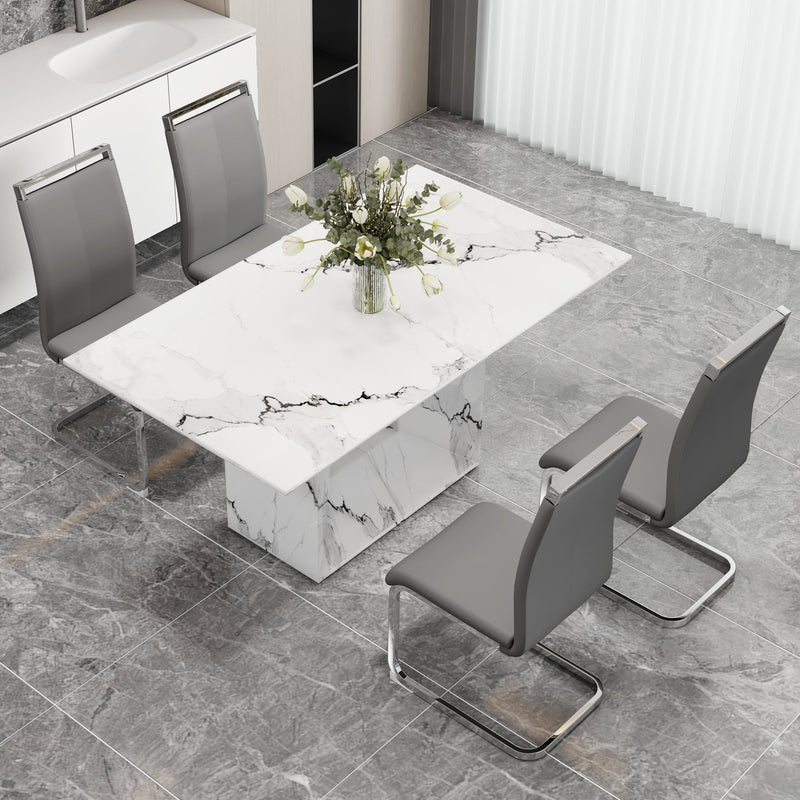 A simple dining table. A dining table with a white marble pattern. 4 PU synthetic leather high backrest cushioned side chairs with C-shaped silver metal legs. DT-SQ-16090-wh