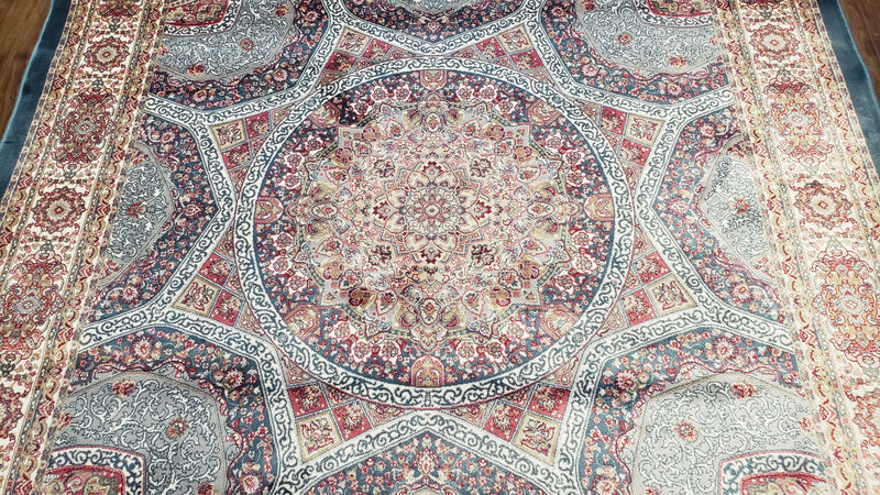 4x6 Silk Carpet, Light Blue & Beige Oriental Rug 4 x 6ft, Traditional Design Medallion All Over, Bamboo Silk, Super Fine, High Quality, Soft