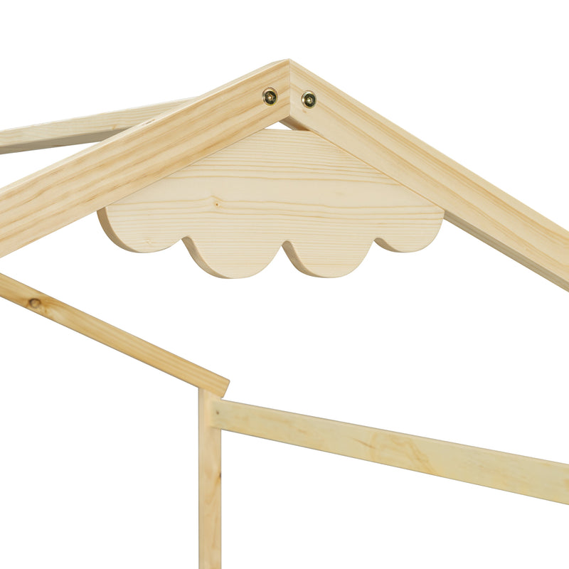 Double Twin House-Style Floor Bed with Fence, Guardrails, without door, Natural(Old Sku:W504P143318)