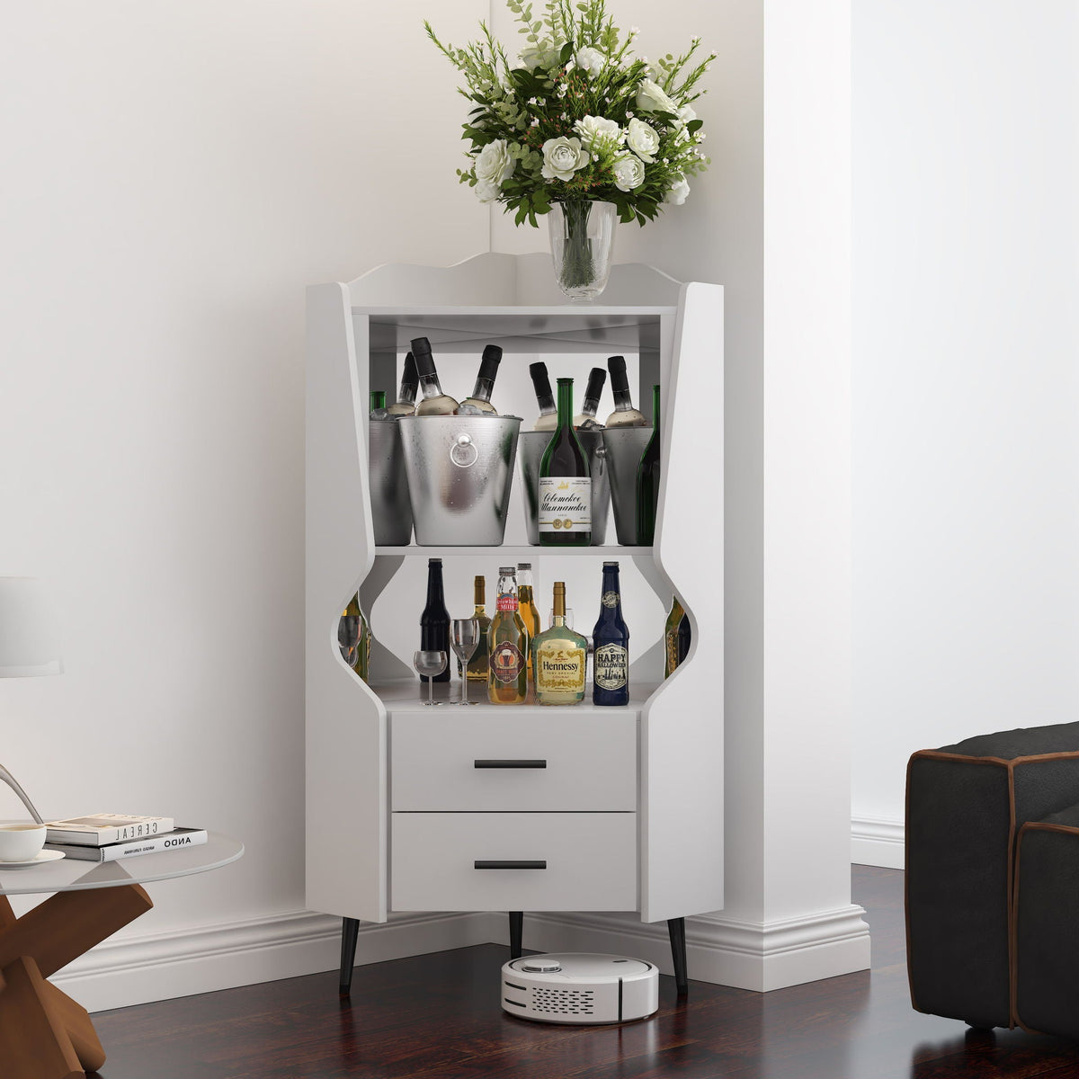 Corner Bar Cabinet With Mirrored Back, 2 Open Shelves & 2 Drawers, photo 7 of 12