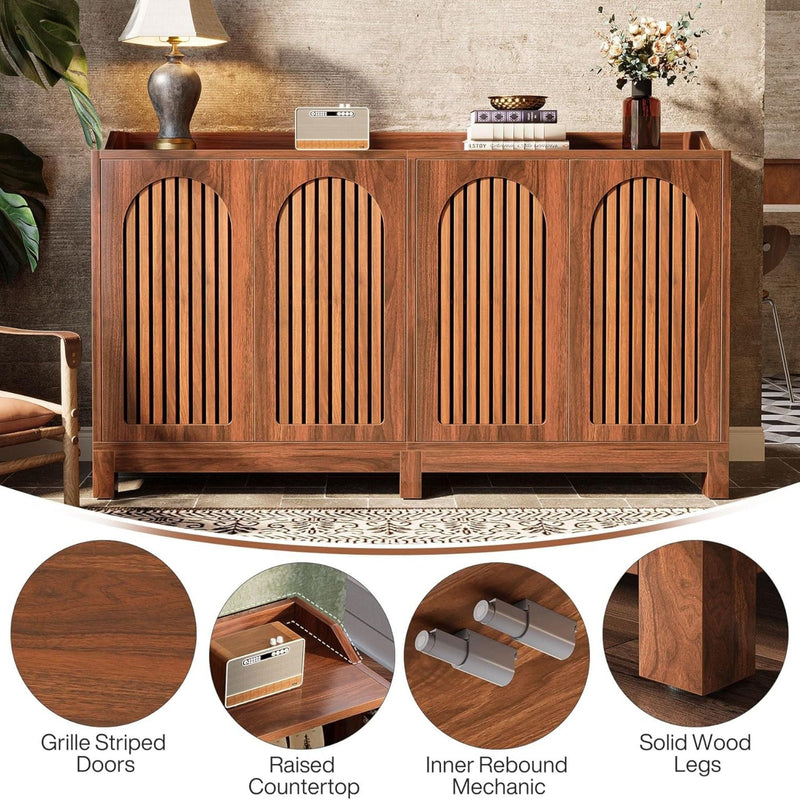 Sideboard Buffet Cabinet With 4 Doors & Shelves, Credenza Table For Dining Room - Brown, photo 4 of 14