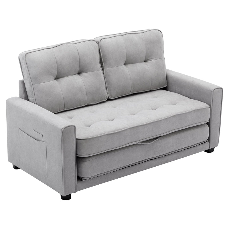59.4" Loveseat Sofa with Pull-Out Bed Modern Upholstered Couch with Side Pocket for Living Room Office, Grey