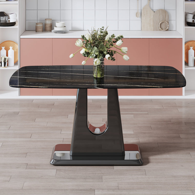 A modern, minimalist, and luxurious table. A black imitation marble tabletop with MDF U-shaped legs. Dining table, computer table. For restaurants and living rooms 63" x 35.4"x 30" F-U