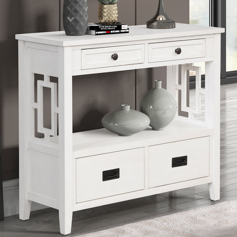 36" Farmhouse Pine Wood Console Table Entry Sofa Table with 4 Drawers & 1 Storage Shelf for Entryway Living Room Bedroom Hallway Kitchen (Antique White)