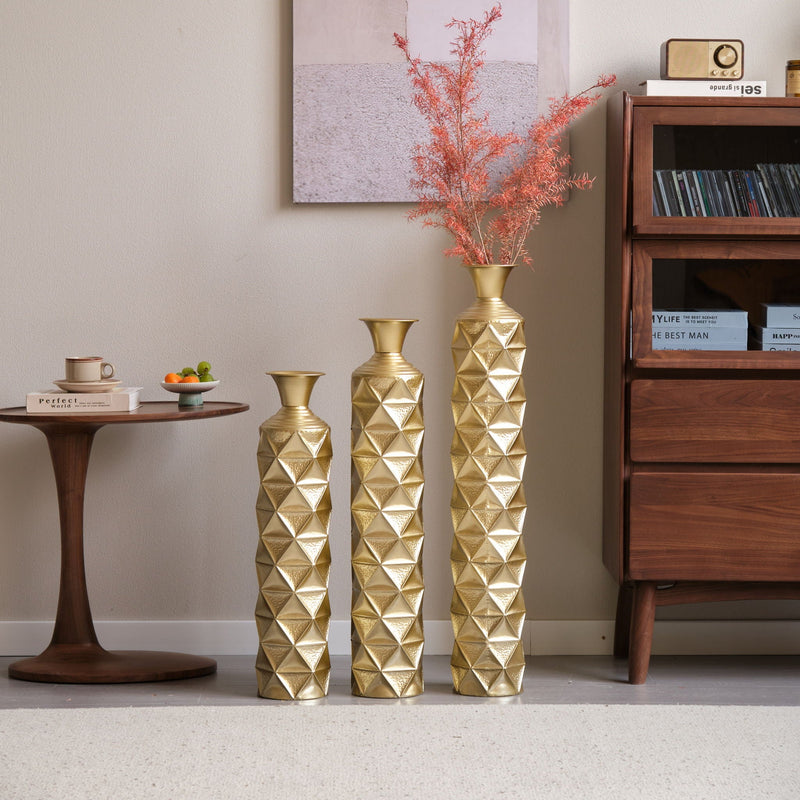 Metal Decorative Vase High Distress Metal Center Vase With 3D Triangle Pattern, (Set of 3) Vases For Home Decoration - Gold, photo 3 of 18