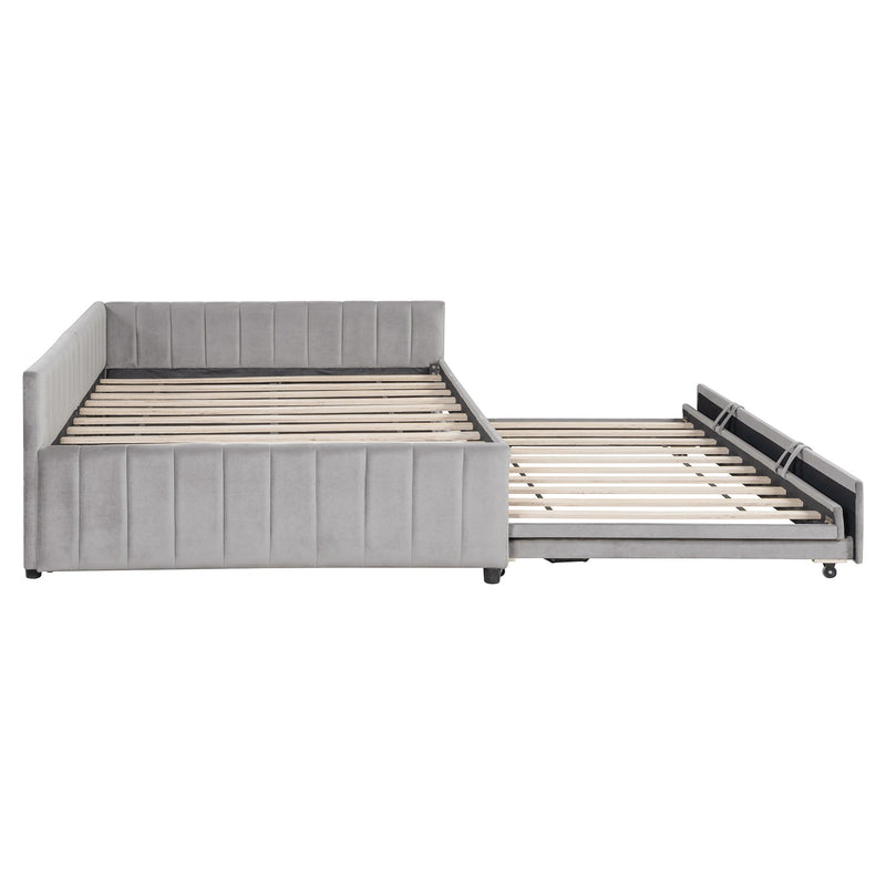 Full Size Upholstered L-Shaped Upholstered Daybed with Twin
Size Pop Up Trundle, Gray