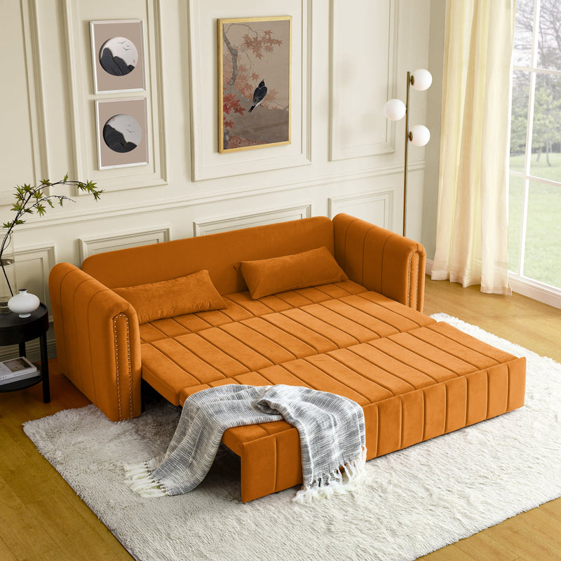 3 in 1 Pull-Out Bed Sleeper, Modern Upholstered 3 Seats Lounge Sofa & Couches with Rolled Arms Decorated with Copper Nails, Convertible Futon 3 Seats Sofabed with Two Drawers and Two Pillows