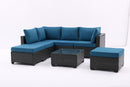 7 Pieces Outdoor Patio Furniture Set,Sectional Conversation Sofa Of Corner Chairs,Ottomans And Glass Top Table,All Weather PE Rattan and Steel Frame With Removable Cushions(Coffee+Peacock blue)