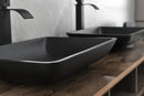 14.38" L -22.25" W -4-3/8 in. H Matte Shell Glass Rectangular Vessel Bathroom Sink in Black with Faucet and Pop-Up Drain in Matte Black