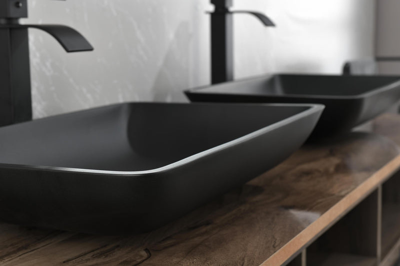 14.38" L -22.25" W -4-3/8 in. H Matte Shell Glass Rectangular Vessel Bathroom Sink in Black with Faucet and Pop-Up Drain in Matte Black