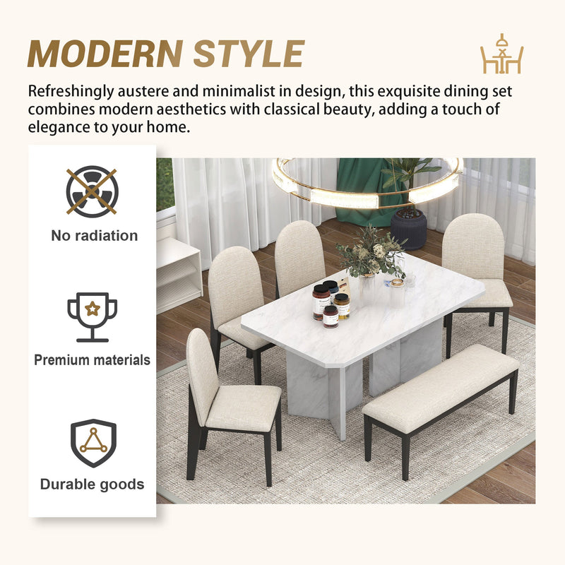 6-Piece Modern Style Dining Set with Faux Marble Table and 4 Upholstered Dining Chairs & 1 Bench (White)