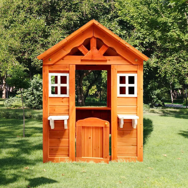All Wooden Kids Playhouse with 2 windows and flowerpot holder,42"Lx46"x55"H,Golden Red