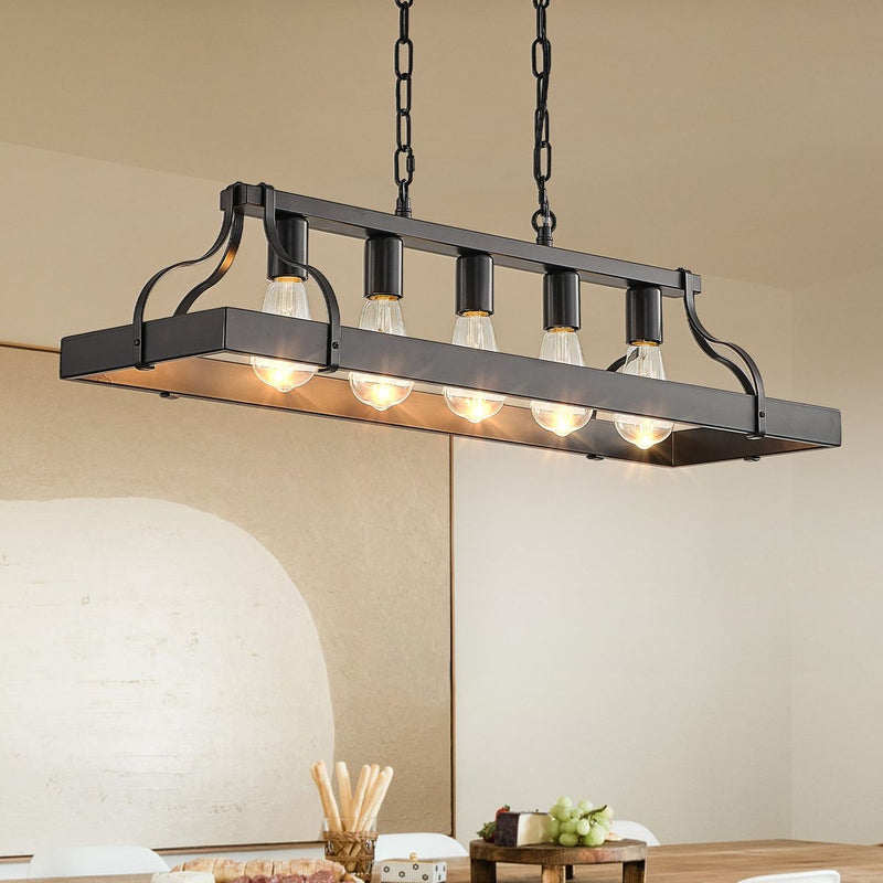 34-Inch Black Industrial Pendant Light with 5 E26 Bulb Sockets, Adjustable Chain Height – Modern Farmhouse Linear Chandelier for Dining Room, Kitchen Island, or Living Room (Bulb Not Included)
