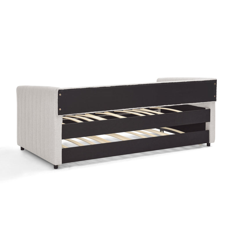 Twin Size Daybed with Trundle Upholstered Sofa Bed, with Vertical Stripes, Linen Fabric, Beige  (82.5'x43'x30')