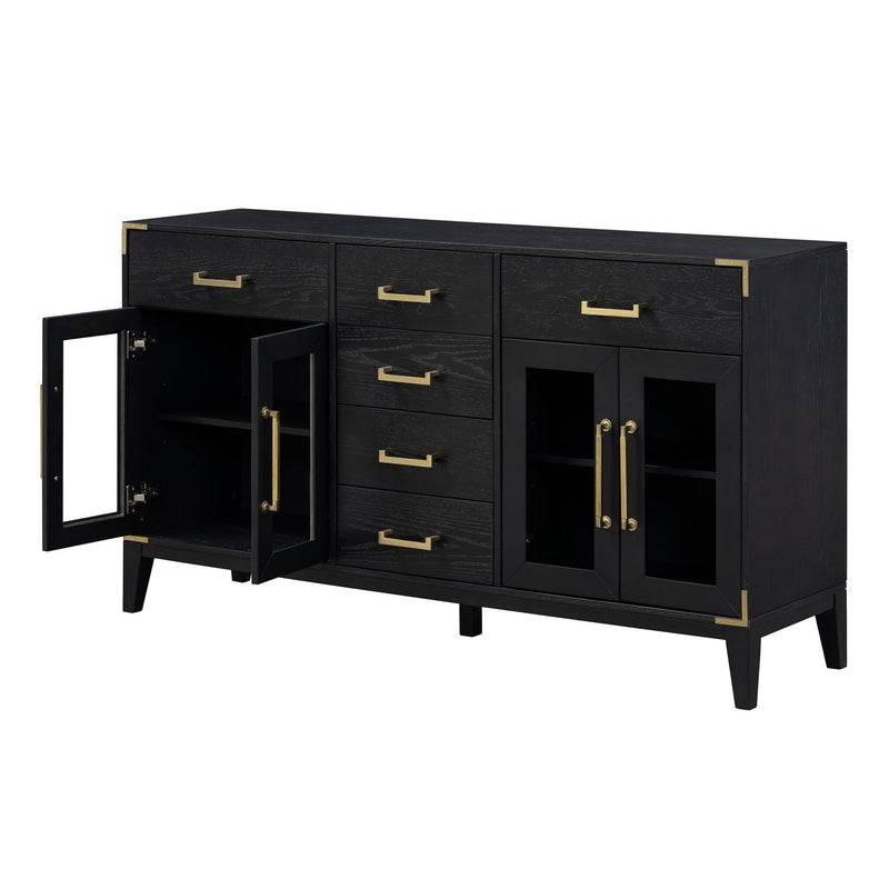 6-drawer and 2-Cabinet Retro Sideboard with Extra Large Storage Space, with Gold Handles and Solid Wood Legs, for Kitchen and Living Room (Black)