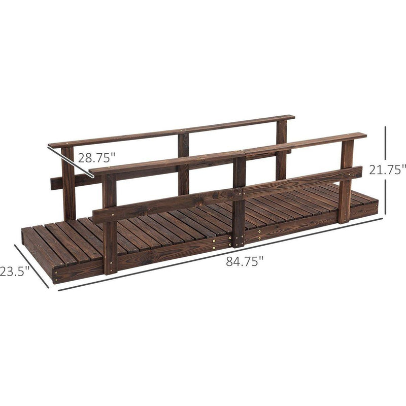 7' Wooden Garden Bridge with Safety Rails, Backyard Footbridge for Ponds, Creeks, Streams, Stained Finish