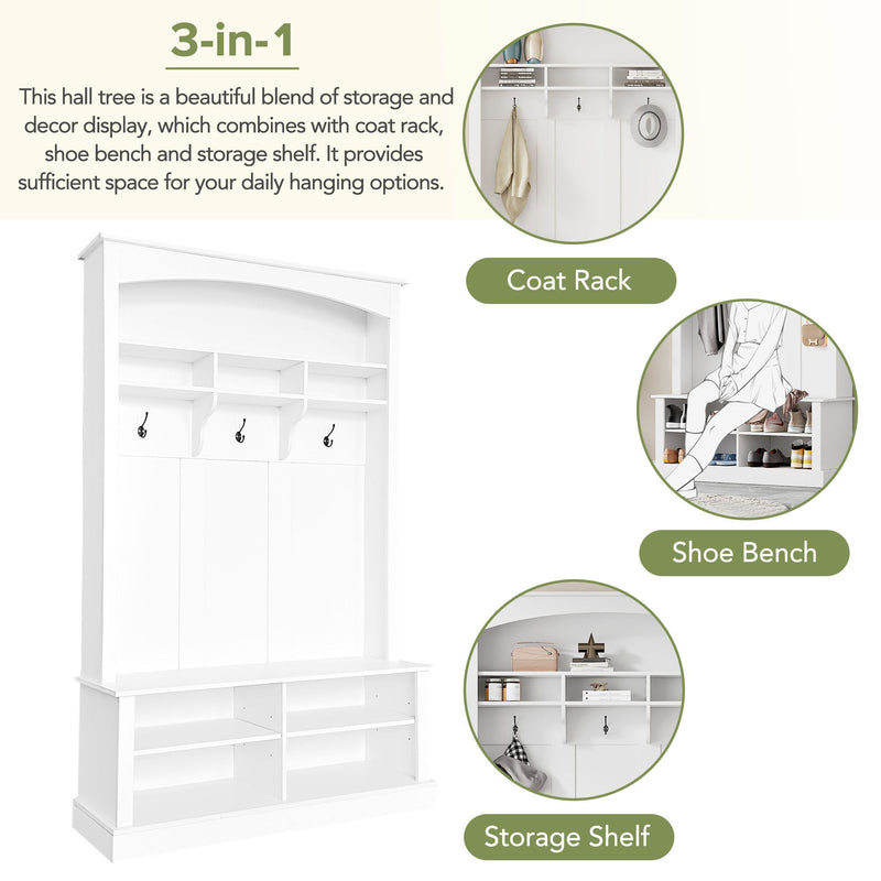 47.2" Wide Hall Tree with Bench and Shoe Storage, Multi-functional Storage Bench with 3 Hanging Hooks & Open Storage Space, Rectangle Storage & Shelves Coat Rack for Hallway, White