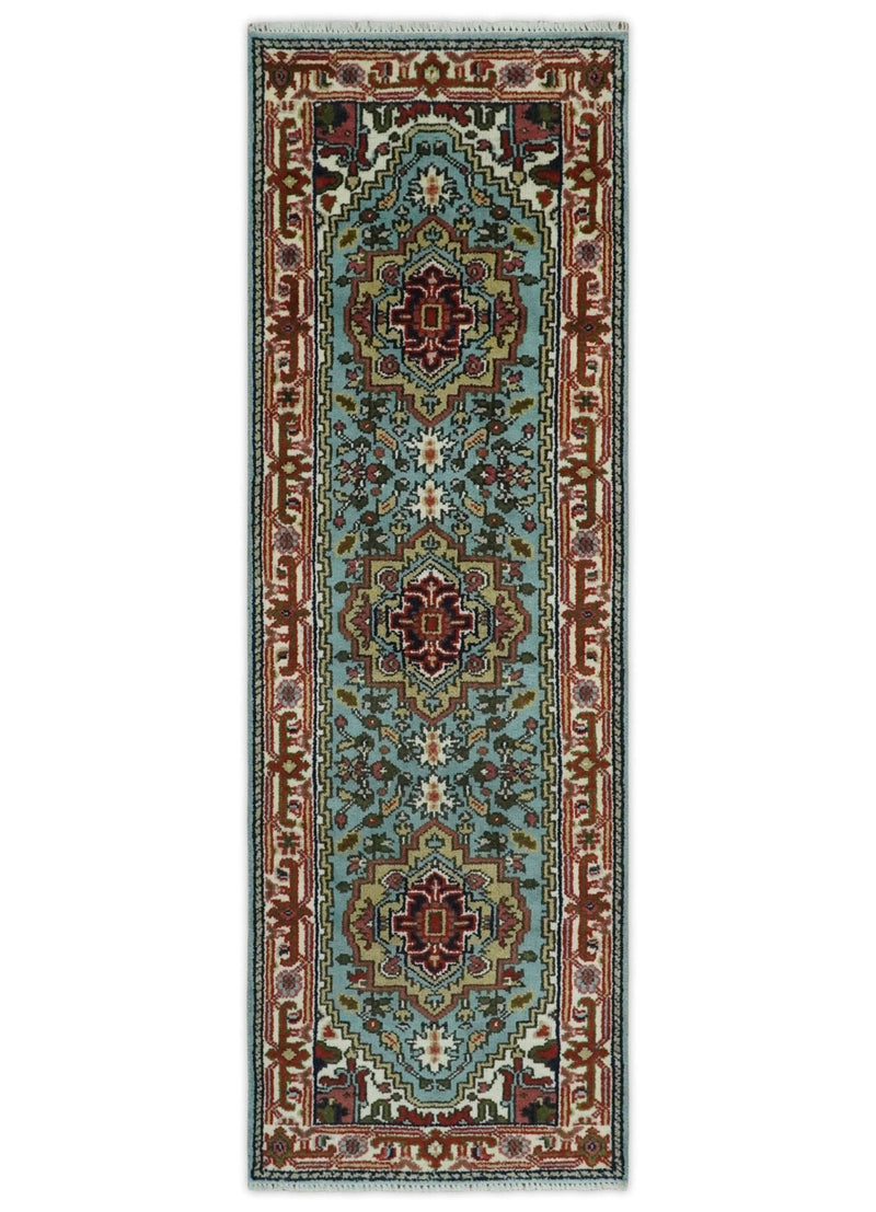 2.7x7.9 Traditional Mustard, Aqua and Ivory Hand knotted wool Area Rug