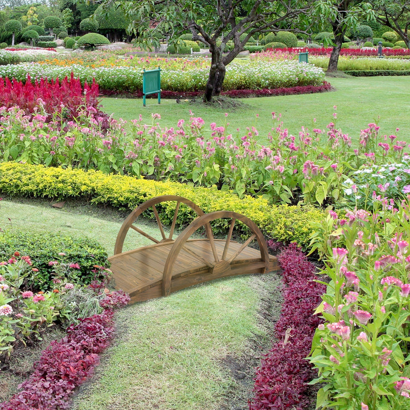 3.3ft Wooden Garden Bridge Arc Footbridge with Half-Wheel Style Railings & Solid Fir Construction, Stained Wood
