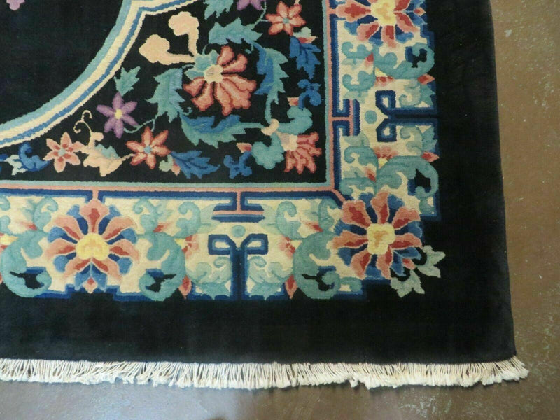 8' x 10' Vintage Handmade Art Deco Plush Chinese Wool Rug center Flower Black