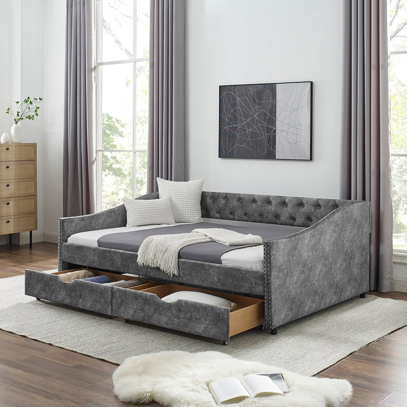 Full Size Daybed with Drawers Upholstered Tufted Sofa Bed, with Button on Back and Copper Nail on Waved Shape Armsrey0.5"55.5"27.5"