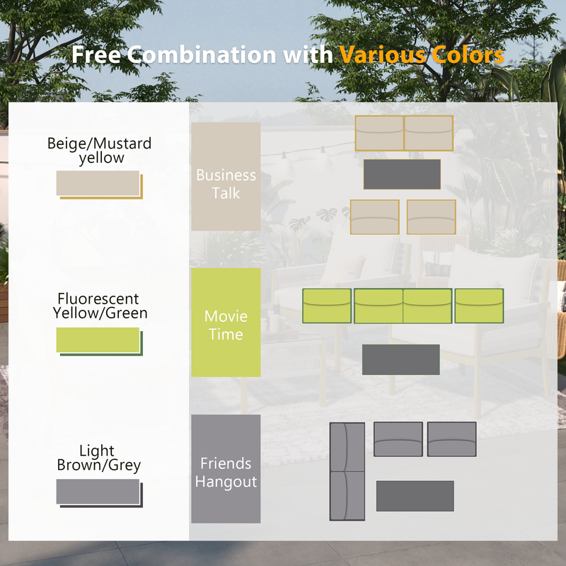 4-Piece Rope Patio Furniture Set, Outdoor Furniture with Tempered Glass Table, Patio Conversation Set Deep Seating with Thick Cushion for Backyard Porch Balcony (Fluorescent Yellow & Green)