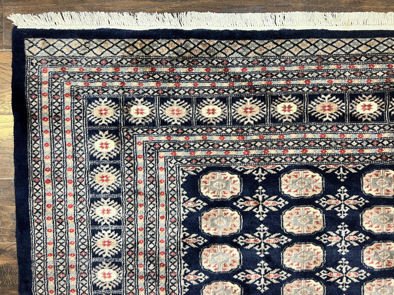 Pakistani Bokhara Rug 8x10, Turkoman Carpet, Dark Blue and Beige, Vintage Handmade Wool Carpet