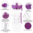 Fruit Infuser Water Bottle 32OZ Juice Shaker Sport w/ Flip Top Lid Anti-Slip Grips For Office Home Sport Running Walking Hiking
