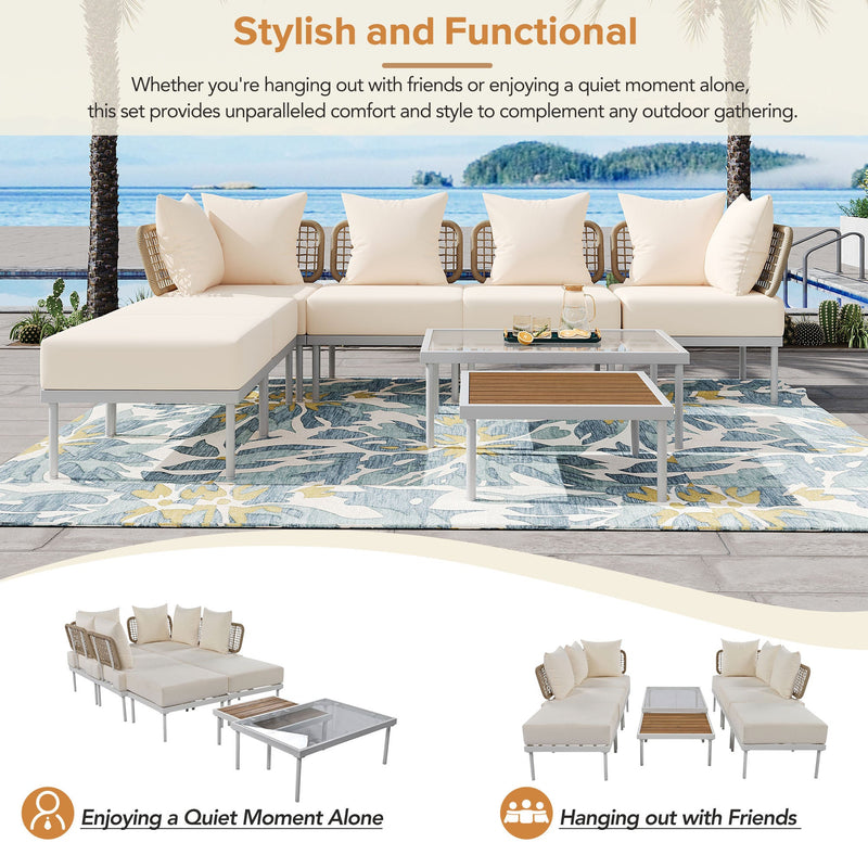 Walker Edison - 8-Piece Patio Sectional Sofa Set with Tempered Glass Coffee Table and Wooden Coffee Table for Outdoor Oasis, Garden, Patio and Poolside (Beige Cushion + White Steel)