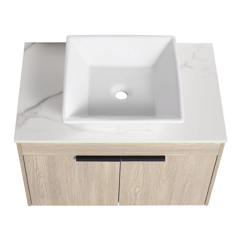 30" Modern Design Float Bathroom Vanity With Ceramic Basin Set, Wall Mounted White Oak Vanity With Soft Close Door, KD-PackingD-Packing Pieces