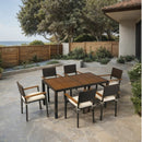 7 piece Outdoor Patio Wicker Dining Set Patio Wicker Furniture Dining Set w/Acacia Wood Top Brown Wicker + Cream Cushion