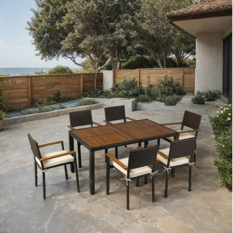 7 piece Outdoor Patio Wicker Dining Set Patio Wicker Furniture Dining Set w/Acacia Wood Top Brown Wicker + Cream Cushion