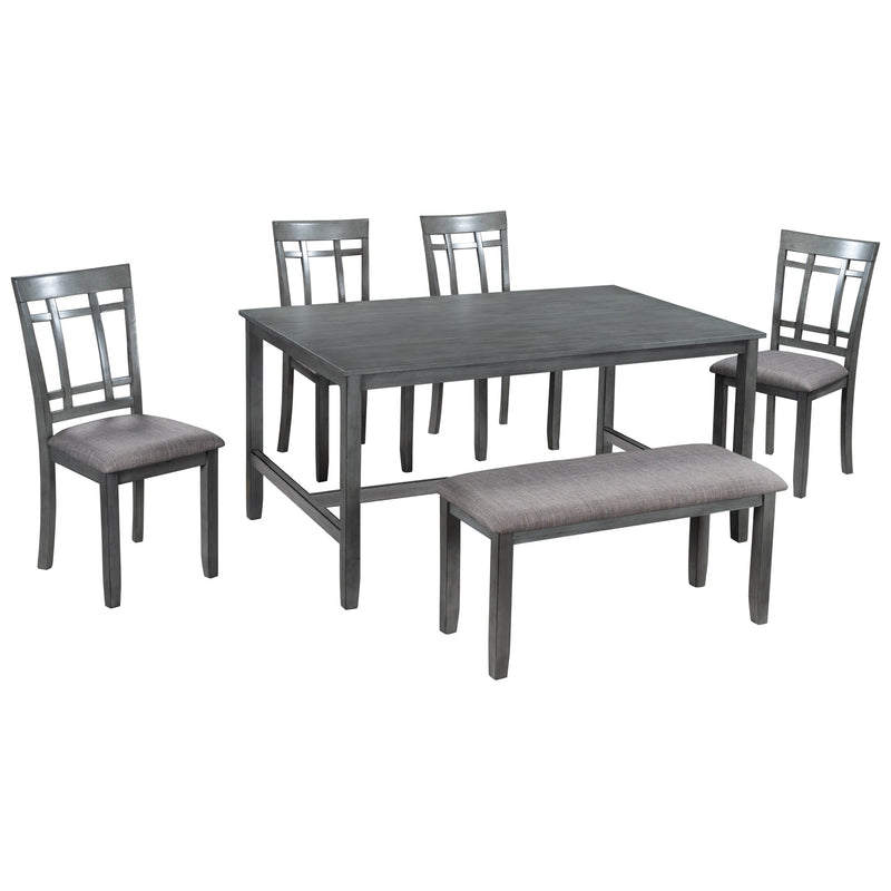 6 Piece Wooden Dining Table set, Kitchen Table set with 4 Chairs and Bench, Farmhouse Rustic Style,Gray