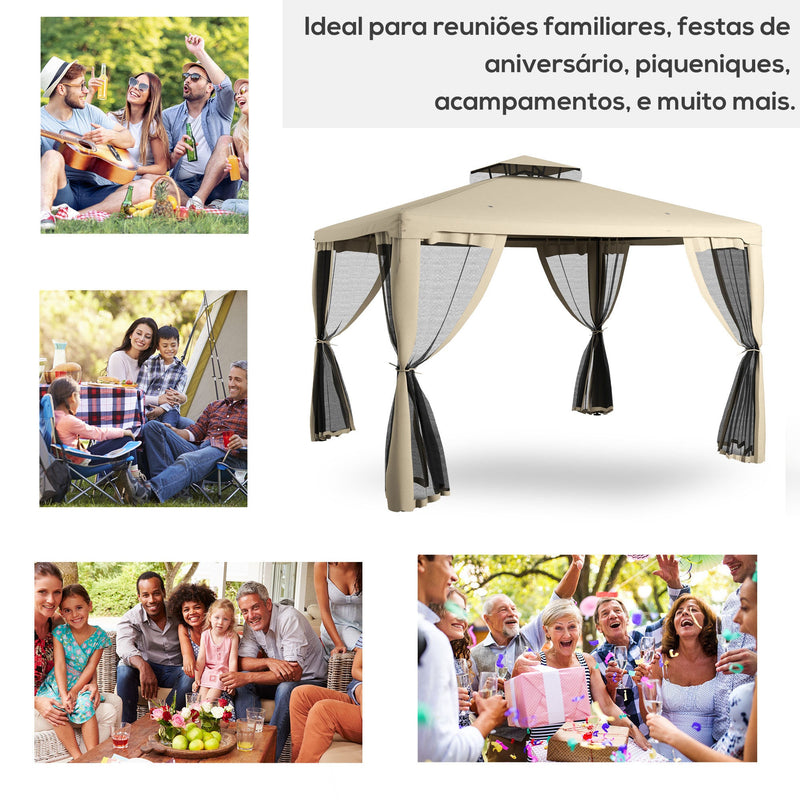 9.6' x 11.6' Patio Gazebo, Outdoor Canopy Shelter with 2-Tier Roof and Netting, Steel Frame for Garden, Lawn, Backyard, and Deck, Taupe