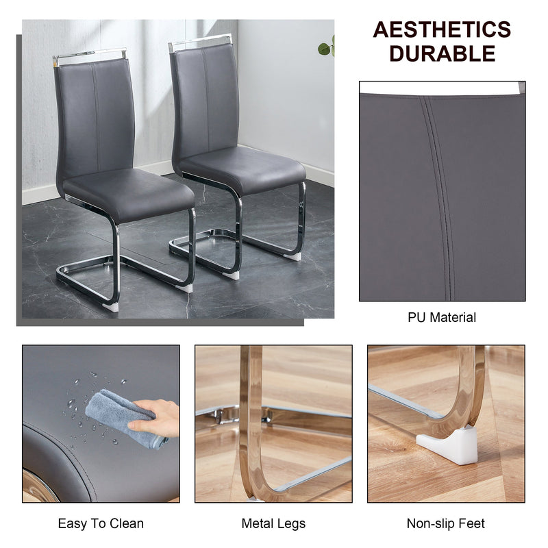 A simple dining table. A dining table with a white marble pattern. 6 PU synthetic leather high backrest cushioned side chairs with C-shaped silver metal legs. DT-SQ-16090-wh