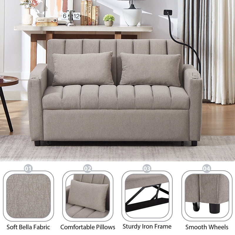 55.9" Convertible Sofa Bed Loveseat Sofa with Three USB Ports, Two Side Pockets, Two Cup Holders and 360Swivel Phone Holder for Living Room, Light Grey