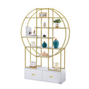 70.8 Inch Round Office Bookcase Bookshelf, Display Shelf, Two Drawers, Gold Frame