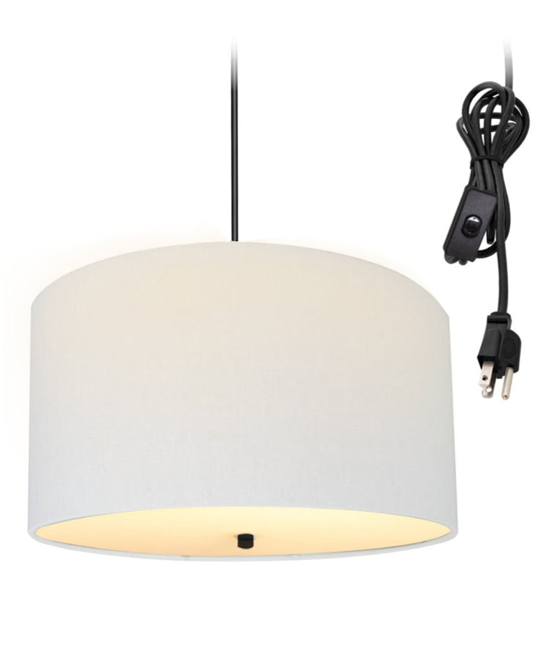 16"W 2 Light Swag Plug-In Pendant  White Linen Drum with Diffuser Black Cord