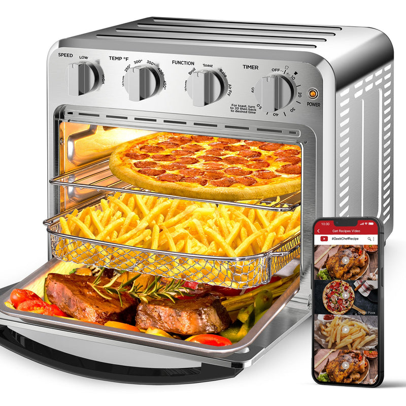 Geek Chef Air Fryer Toaster Oven Combo, 4 Slice Toaster Convection Air Fryer Oven Warm, Broil, Toast, Bake, Air Fry, Oil-Free, Accessories Included, Stainless Steel, Silver (16QT Air Fryer Oven)