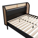 3 Pieces Modern Cannage Rattan Platform Queen Bed + Nightstandx2, Black