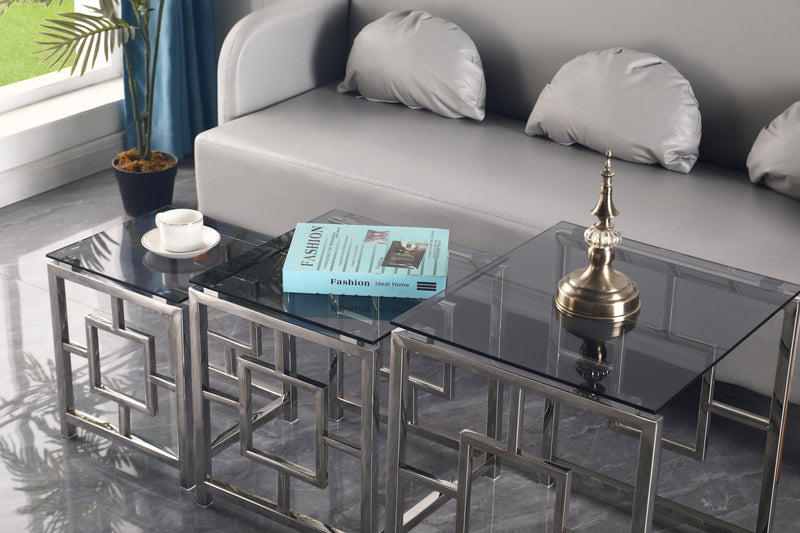 3 Pieces Silver Square Nesting Glass End Tables- Small Coffee Table Set- Stainless Steel End Tables with Dark Gray Tempered Glass- 18" Modern Minimalist Small Coffee Tables for Living Room