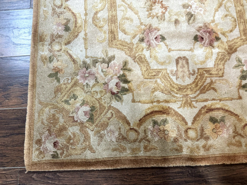 Chinese Aubusson Rug 3.6 x 5, Beige and Gold, Handmade Vintage Elegant European Design Carpet, Plush Wool, Handmade