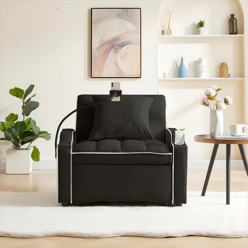 3-in-1 Sofa Bed, Convertible Sleeper Chair Sofa Bed Adjustable Pull Out Sleeper Chair Bed Multi-Pockets Folding Sofa Bed for Living Room Bedroom Small Space (Black)