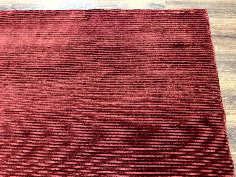 Modern Tibetan Rug 8x10, Red, Stripes, Handmade Wool Thick Pile Carpet