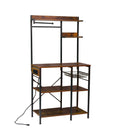 Bakers Rack With Power Outlet, Coffee Bar With S-Shaped Hooks, Kitchen Shelf With Wire Basket - Black / Brown by HouseOfZazla