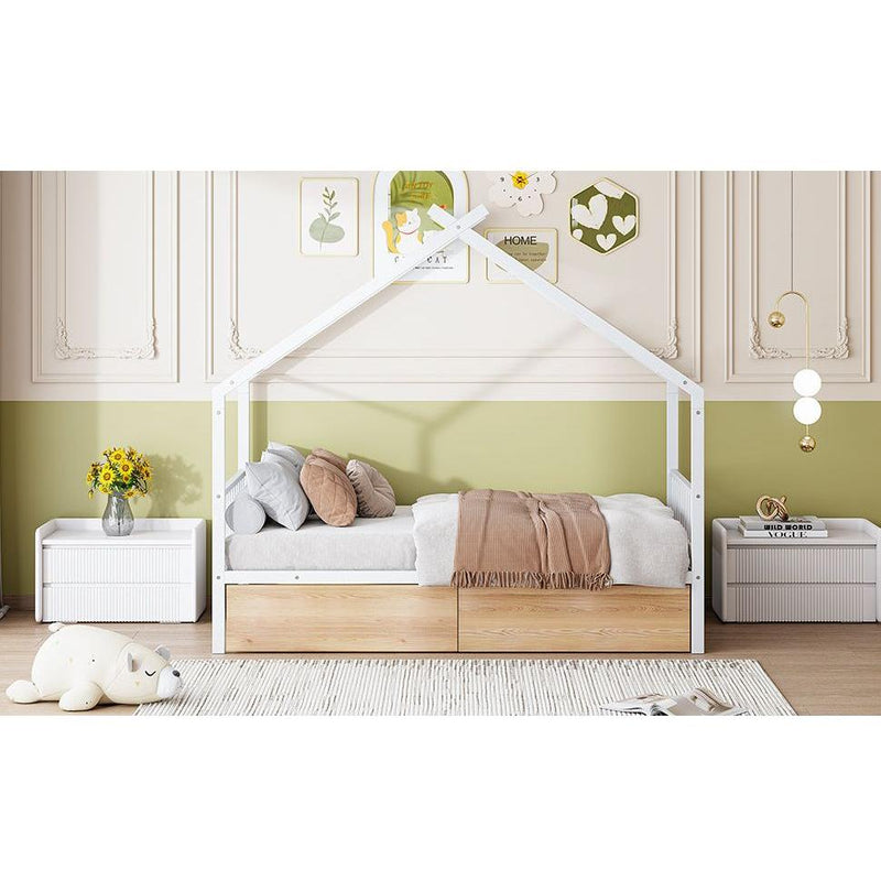 Twin Size Metal House Bed with Two Drawers, White
