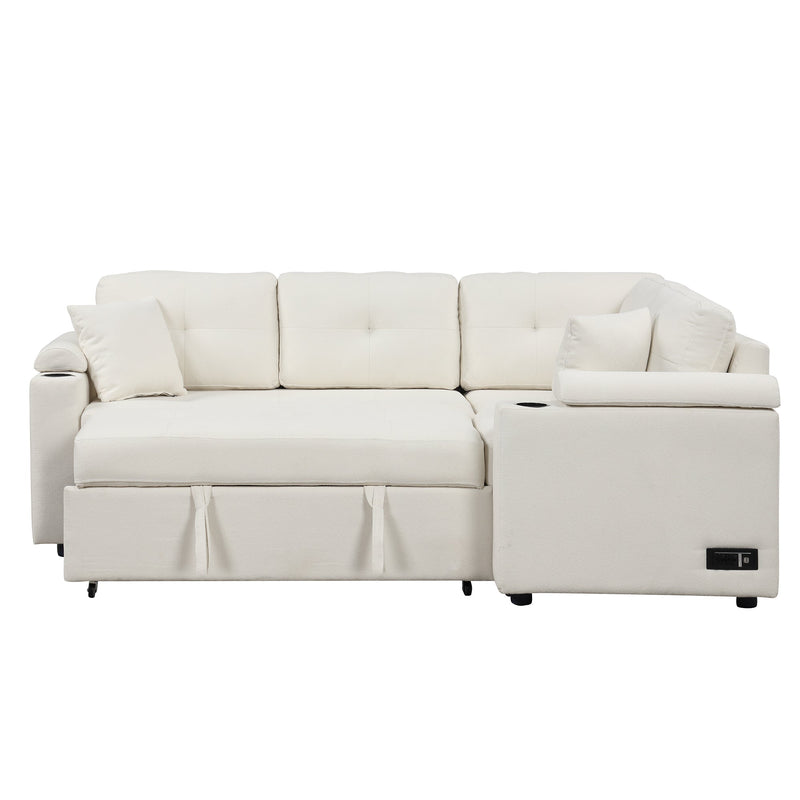 87.4" L-shape Sofa Bed Pull-out Sleeper Sofa with Wheels, USB Ports, Power Sockets for Living Room, Beige